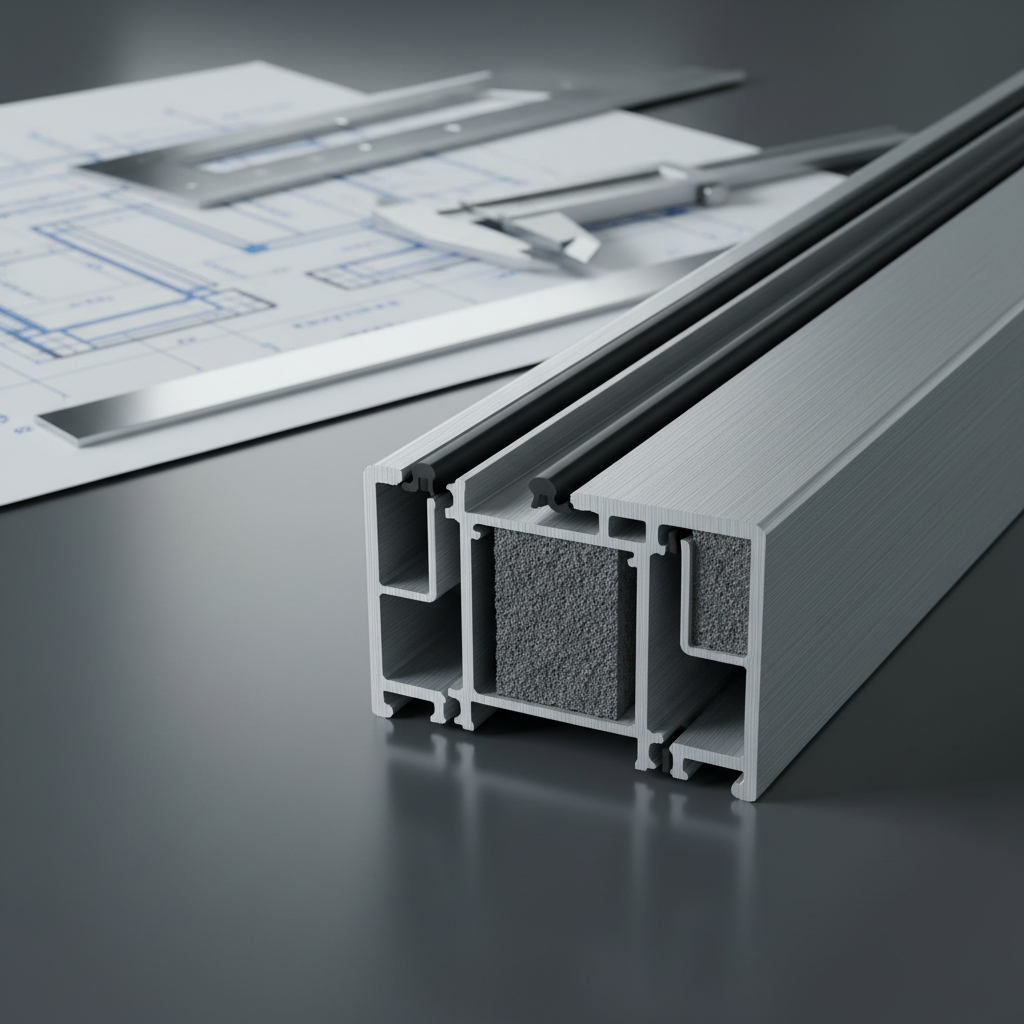 A close-up, photographic realism shot of a precision-engineered aluminum window frame section, cut away to reveal internal chambers, thermal break insulation, and rubber gaskets. The extruded aluminum profile has a satin silver finish with subtle linear texture, resting on a spotless, dark graphite workbench. Behind it, slightly blurred, sit neatly arranged technical drawings, calipers, and a steel square. Cool studio lighting from above and slightly to the side creates crisp highlights along the edges and soft gradients across the surfaces, emphasizing accuracy and material quality. The composition uses a shallow depth of field and rule-of-thirds framing to draw attention to the intricate cross-section, conveying a mood of high-end engineering and meticulous fabrication.