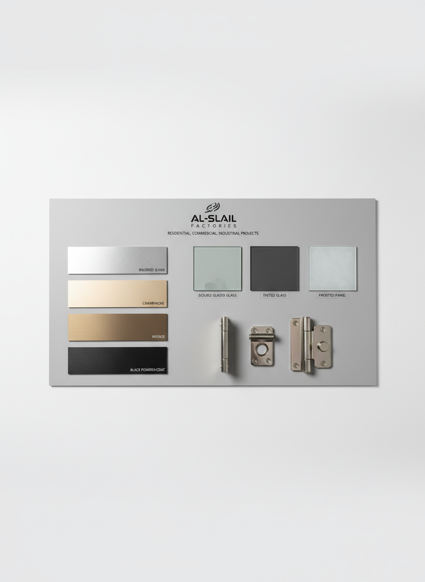 A meticulously arranged materials and finishes display board for Al-SLAIL Factories, laid flat on a smooth white surface and photographed from directly above. The board features labeled swatches of aluminum finishes—brushed silver, champagne, bronze, black powder-coat—alongside small samples of double-glazed glass, tinted glass, and frosted panels. Nearby, neatly positioned steel brackets and hinge components complement the metallic theme. Soft, diffused studio lighting eliminates harsh shadows and creates gentle reflections on the metal and glass, giving a polished, professional feel. The composition is clean and minimalist, with a balanced arrangement that leaves negative space around the board, emphasizing order, precision, and the breadth of customization options for residential, commercial, and industrial projects.