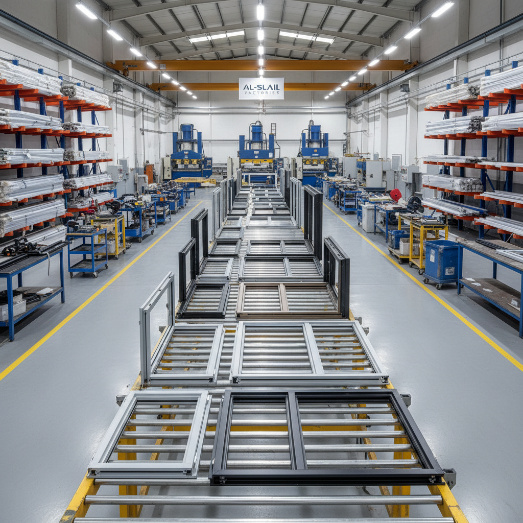 An industrial workshop scene inside Al-SLAIL Factories, focusing on a long line of assembled aluminum window and door frames carefully aligned on roller tables. The frames, in varying sizes and metallic finishes, stretch toward the back of the image, where heavy-duty cutting and bending machines stand quietly. Overhead LED fixtures cast bright, even white light, producing clear reflections along the straight aluminum edges and faint shadows on the smooth epoxy-coated floor. No workers are present, only organized tools, stacked aluminum profiles, and labeled storage racks. The camera captures the scene from a slightly elevated angle with deep focus, emphasizing scale, order, and production capacity in a clean, modern, and professional manufacturing environment.
