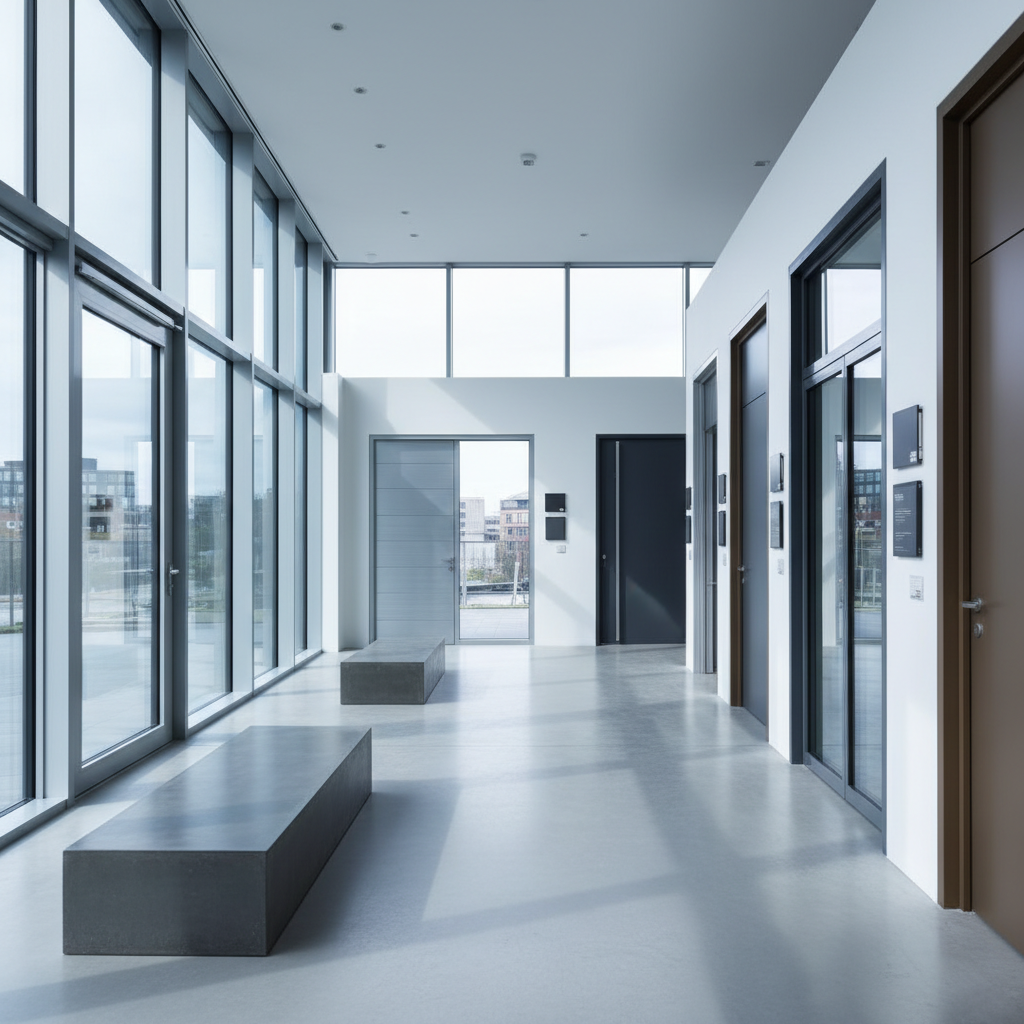 A wide, panoramic interior view of a modern aluminum fabrication showroom, featuring tall, floor-to-ceiling aluminum-framed glass windows and sleek aluminum doors in various finishes: brushed silver, matte charcoal, and anodized bronze. The products are mounted on clean white display walls and positioned on low, dark-gray plinths. Cool, diffused daylight enters through large glass panels, creating crisp reflections on the metal surfaces and soft shadows on the polished concrete floor. The mood is professional and precise, emphasizing engineering quality. Captured at eye level with sharp focus throughout, using a clean, photographic realism style that highlights the craftsmanship, straight lines, and tight tolerances of each frame in a spacious, uncluttered environment.