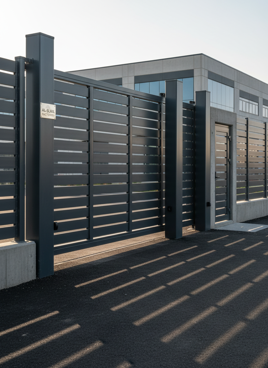 A robust industrial gate fabricated from steel and aluminum by Al-SLAIL Factories, installed at the entrance of a modern warehouse complex. The gate combines heavy-duty vertical steel posts with wide, horizontal aluminum slats in a matte dark gray finish, creating a solid yet refined appearance. The surrounding perimeter fence and adjacent aluminum-framed security door echo the same design language. Late afternoon sunlight creates strong, directional highlights on the metal surfaces and long shadows across the smooth asphalt, enhancing the structure’s depth and strength. Captured from a three-quarter angle at eye level, the image uses photographic realism and sharp focus to convey security, durability, and professional-grade fabrication for industrial environments.