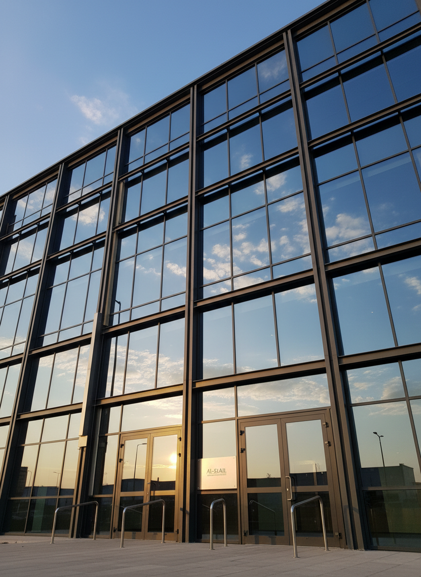 A detailed exterior shot of a contemporary commercial building façade showcasing Al-SLAIL aluminum curtain wall systems, glass panels, and entrance doors. The structure features vertical and horizontal aluminum mullions in a dark anodized finish, framing large, crystal-clear glass panes that reflect a bright blue sky with subtle clouds. Sunlight from late afternoon casts a soft golden sheen on the metal, creating elegant highlights along the sharp edges and gentle shadows beneath protruding frames. The ground level shows robust aluminum and glass doors, accompanied by minimal steel handrails. Captured from a low-angle perspective to emphasize height and sophistication, the composition uses photographic realism and sharp focus to communicate durability, architectural aesthetics, and premium quality.